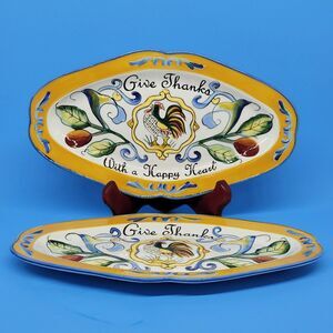 2 Fitz and Floyd Ricamo 11"  "Give Thanks With a Happy Heart" Tray Rooster